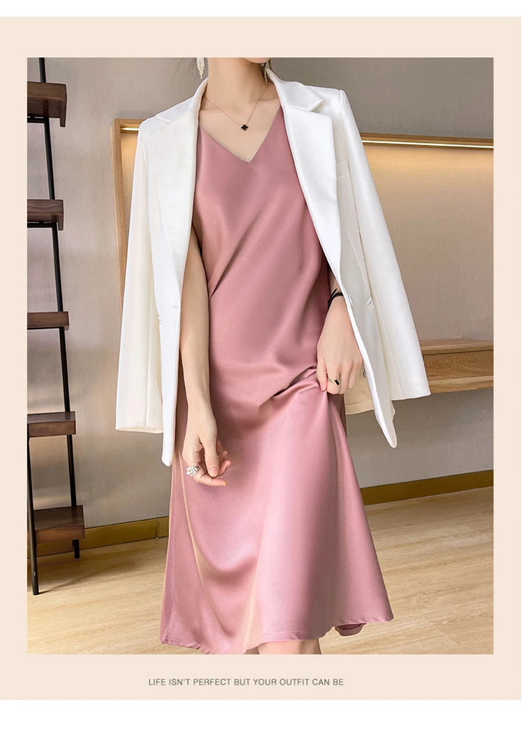LHZSYY Silk Satin Front/Back V-neck Sling Dress Women's Sleeveless Waistcoat Top Spring Summer New Mulberry Silk Hip Long Skirts
