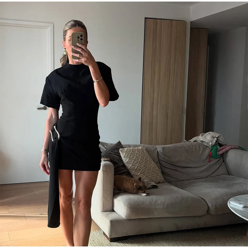 Elegant Mini Dress Woman Ribbons Slim O-neck Short Sleeve Above Knee Dresses Female Spring Summer Party Robe Lady High Street