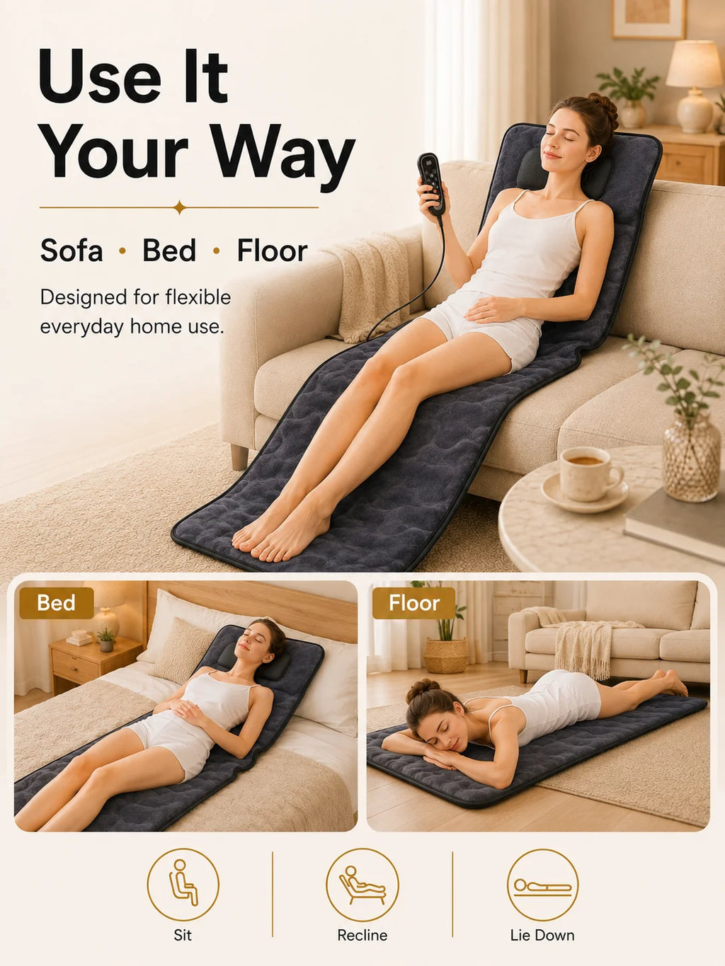 Full Body Massage Mat Foldable Neck Kneading 10 Motor Vibration Heat Shiatsu Electric Massage Cushion 9 Modes Wired Remote Home
