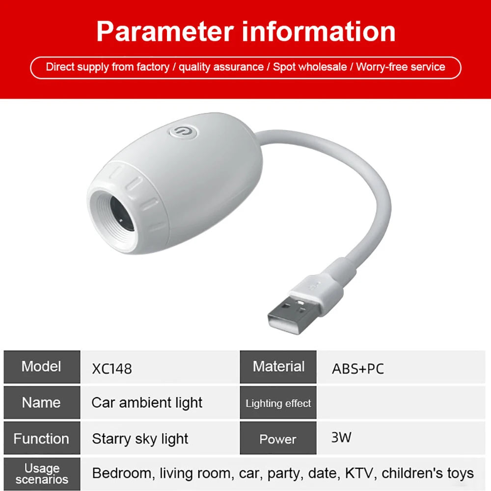USB Galaxy Projector Light Car Roof Projection Lamp Atmosphere Ambient Light Saturn Starry Star Light Party Decor Romantic Light