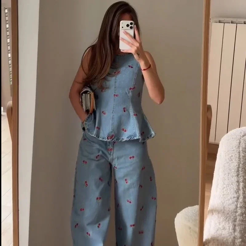 Denim Printed Pants 2 Piece Set Women Elegant Round Neck Sleeveless Vests Slim Long Pant Suits 2026 Lady Daily Street Outfit New