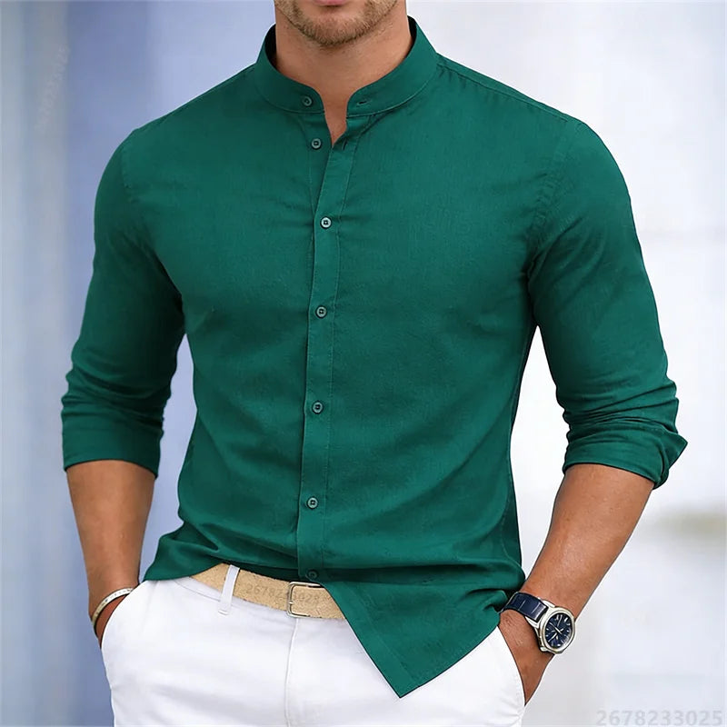 Men's stand-up collar white or black long-sleeved shirt, solid color shirt, slim fit business casual men's top, sizes XS-6XL.