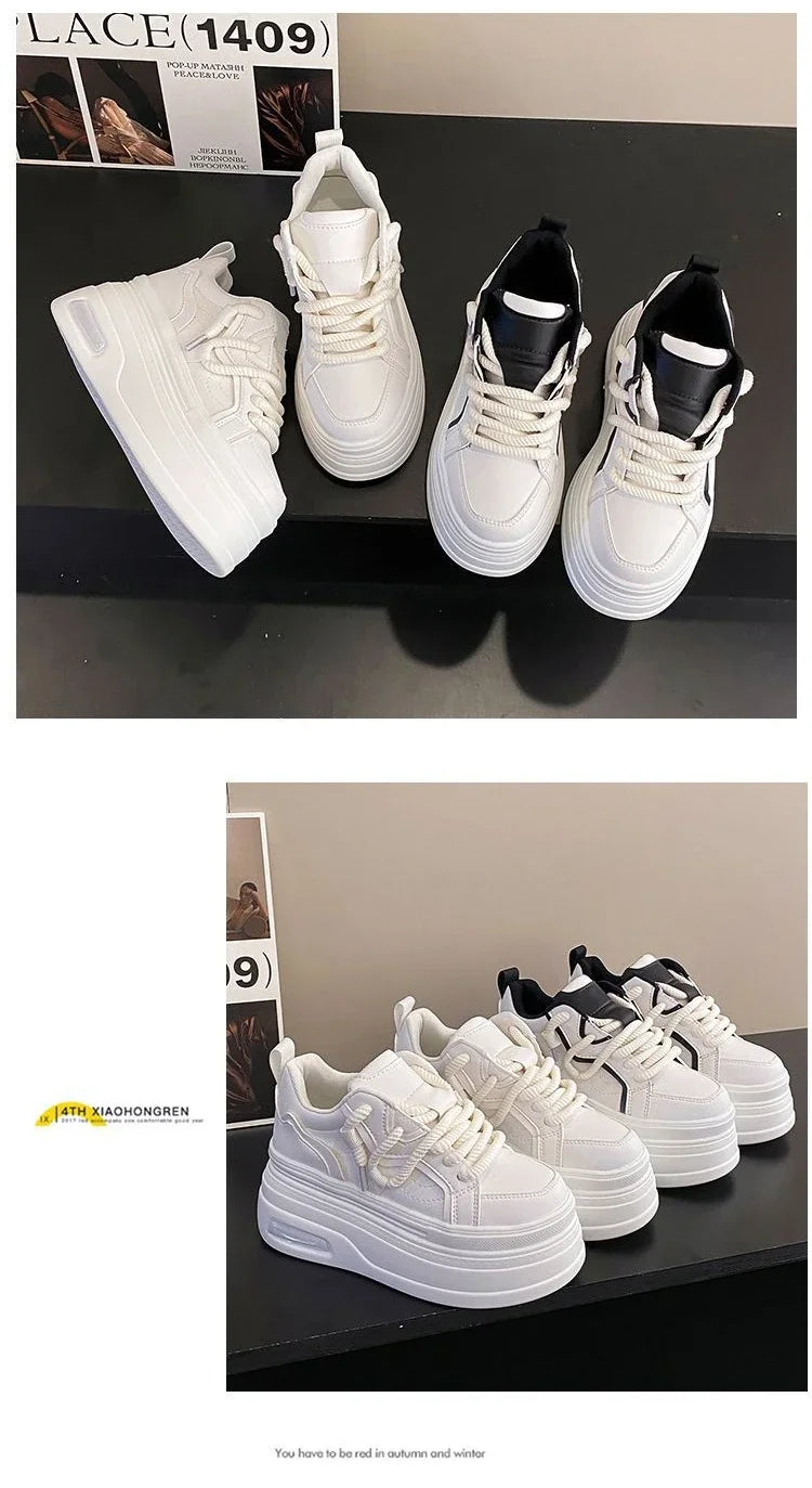 Fashion Platform Sneakers Women Spring Autumn Comfort Round Toe Lace-up 8CM Thick Bottom Black White Casual Sport Shoes