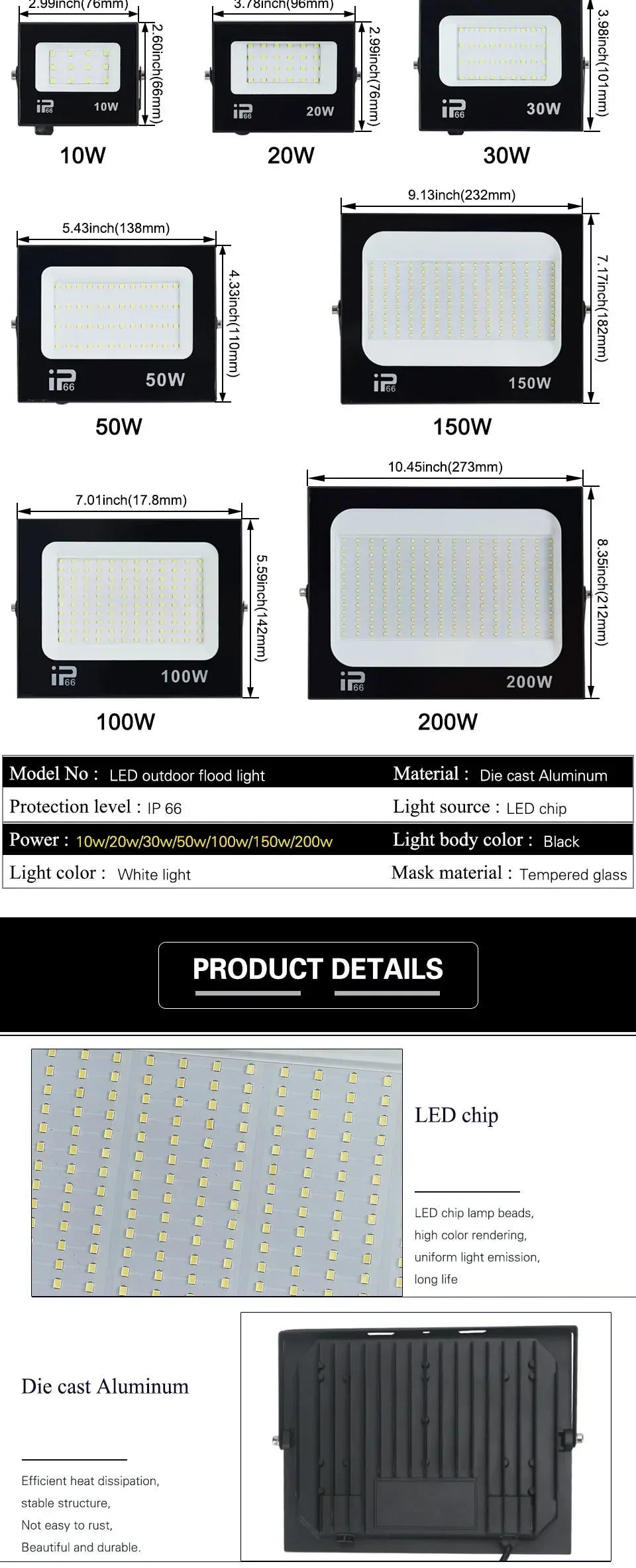 LED Flood Light Spotlight 100W 150W 200W Outdoor Lighting 6500K Waterproof Garage Gym Street Gate Wall Lamps Floodlights AC220V