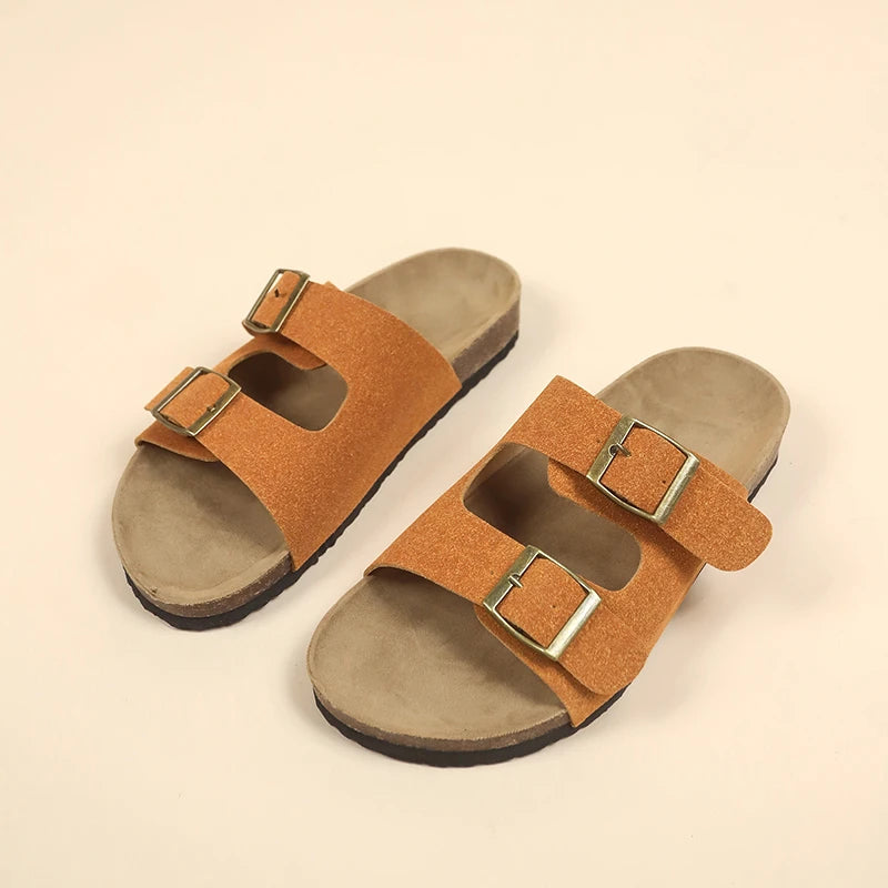 Women's Flat Outdoor Beach Casual Slippers Man Sliders Thick Sole Leather Cork Sole Sandals and Slippers
