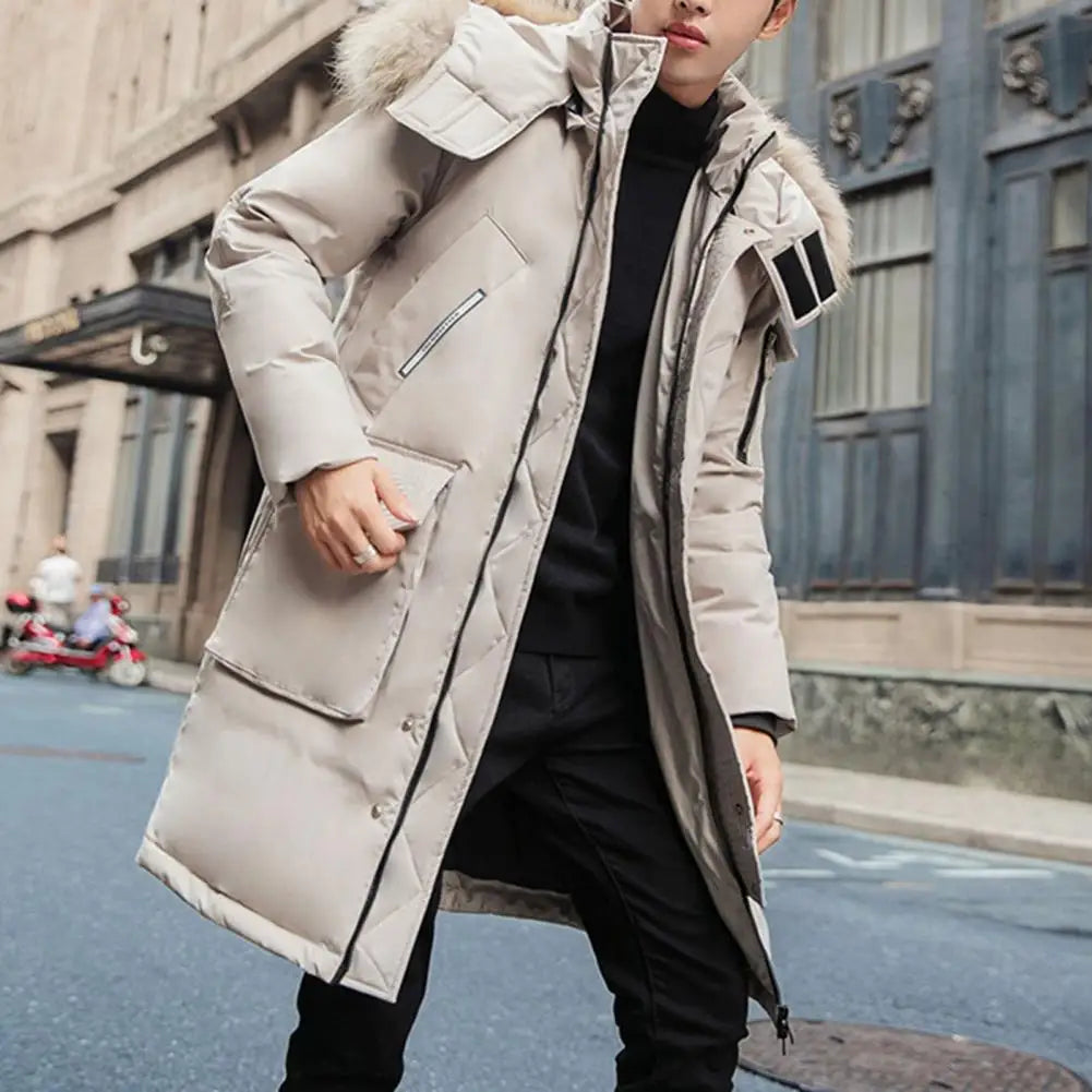 Men Down Jacket Fur Collar Hooded Long Sleeve Solid Color Winter Coat Zipper Placket Pockets Thickened Puffer Outwear