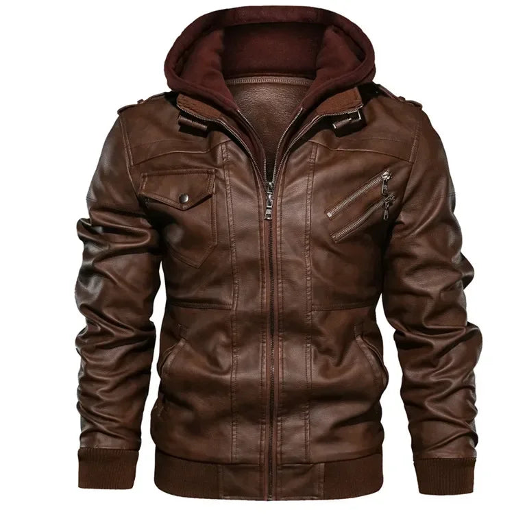 New Men's Hooded Leather Jackets Autumn Winter Casual Zipper Motorcycle PU Jacket Biker Leather Coat Hat Detachable Punk Outwear