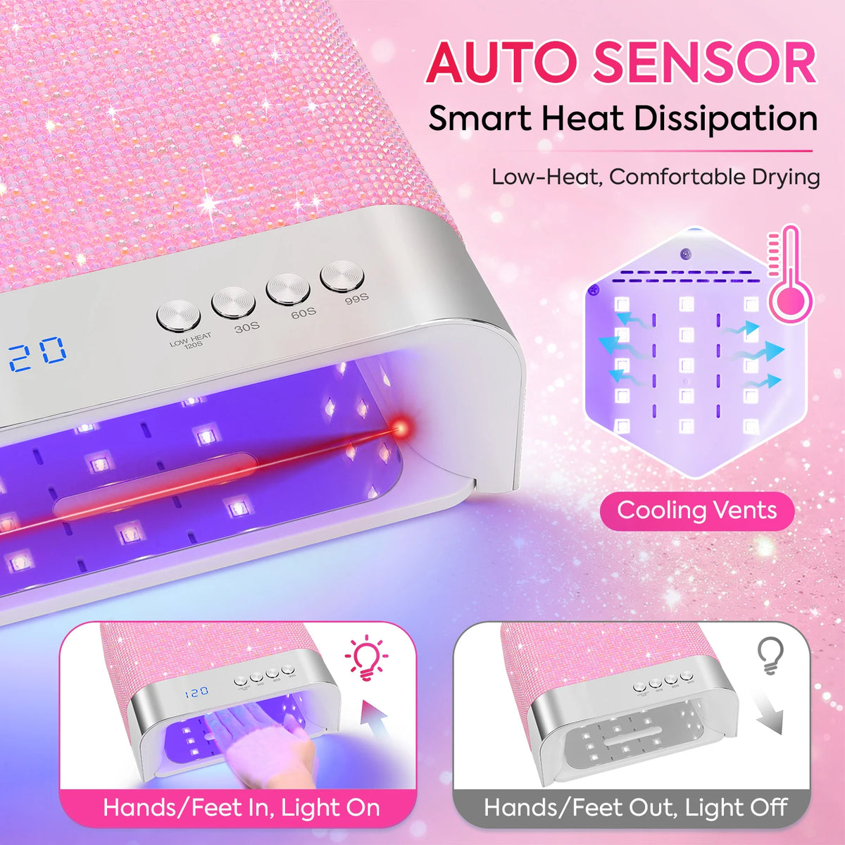 Rhinestone UV LED Nail Lamp 36 LEDs, Auto Sensor, Low Heat Mode, 4 Timer Options, Mirror Base Nail Dryer
