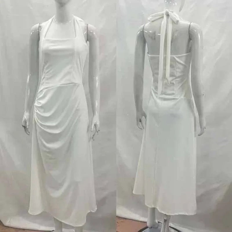 Women Satin Halter Midi Dress Square Neck Ruched Split Slim Long Dress Elegant Wedding Guest Evening Party Sleeveless White Dres