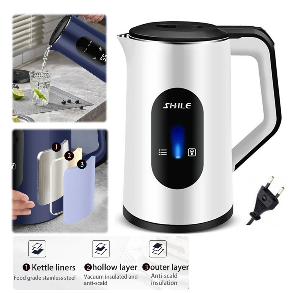 2.2L Stainless Steel Electric Digital Display Large Tea Kettle Auto-Shutoff Hot Water Boiler 1500W Fast Boil Home Kitchen Tool