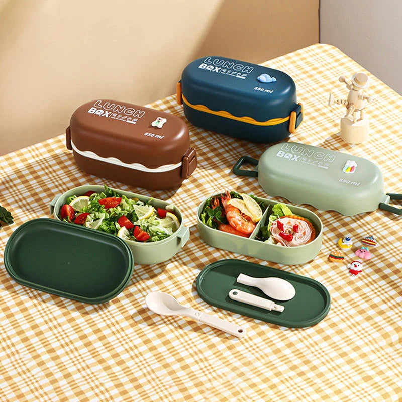 850ML Portable Double-layer Lunch Box Microwavable Bento Box With Tableware Sealed Leak-proof Food Storage Container