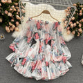 2025 New Retro Summer Beach Vacation Dress Women Sexy Strapless Lantern Sleeve Sweet Floral Jumpsuit Short Chiffon Print Dresses