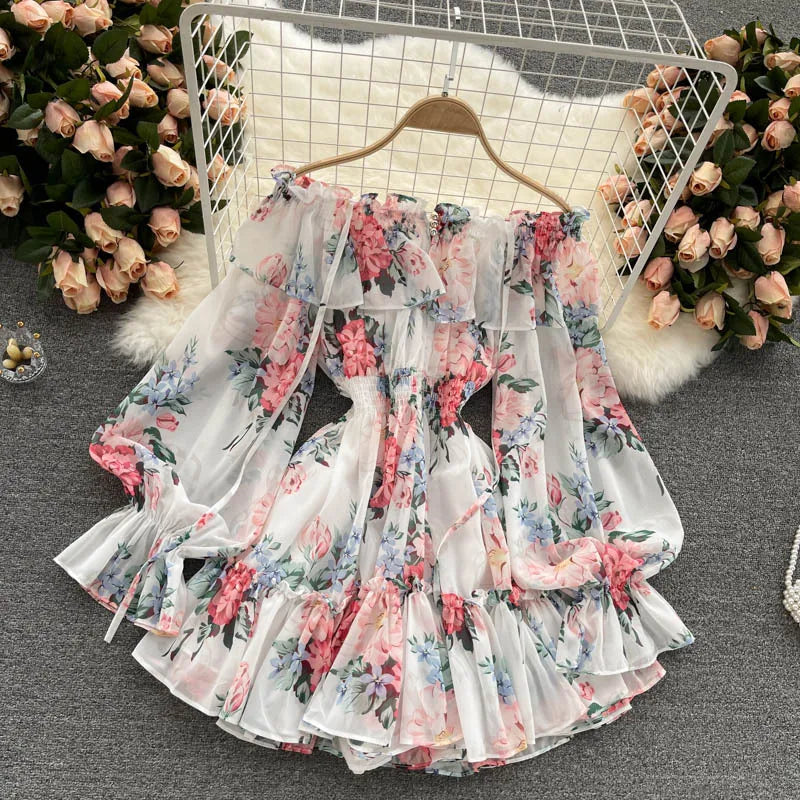 2025 New Retro Summer Beach Vacation Dress Women Sexy Strapless Lantern Sleeve Sweet Floral Jumpsuit Short Chiffon Print Dresses