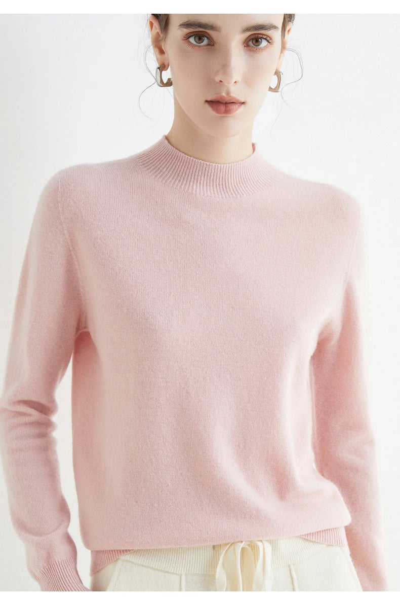 First-Line Seamless Women's Half-Turtleneck 100% Pure Wool Sweater Solid Color Long Sleeve Pullover Knitted Bottoming Sweater