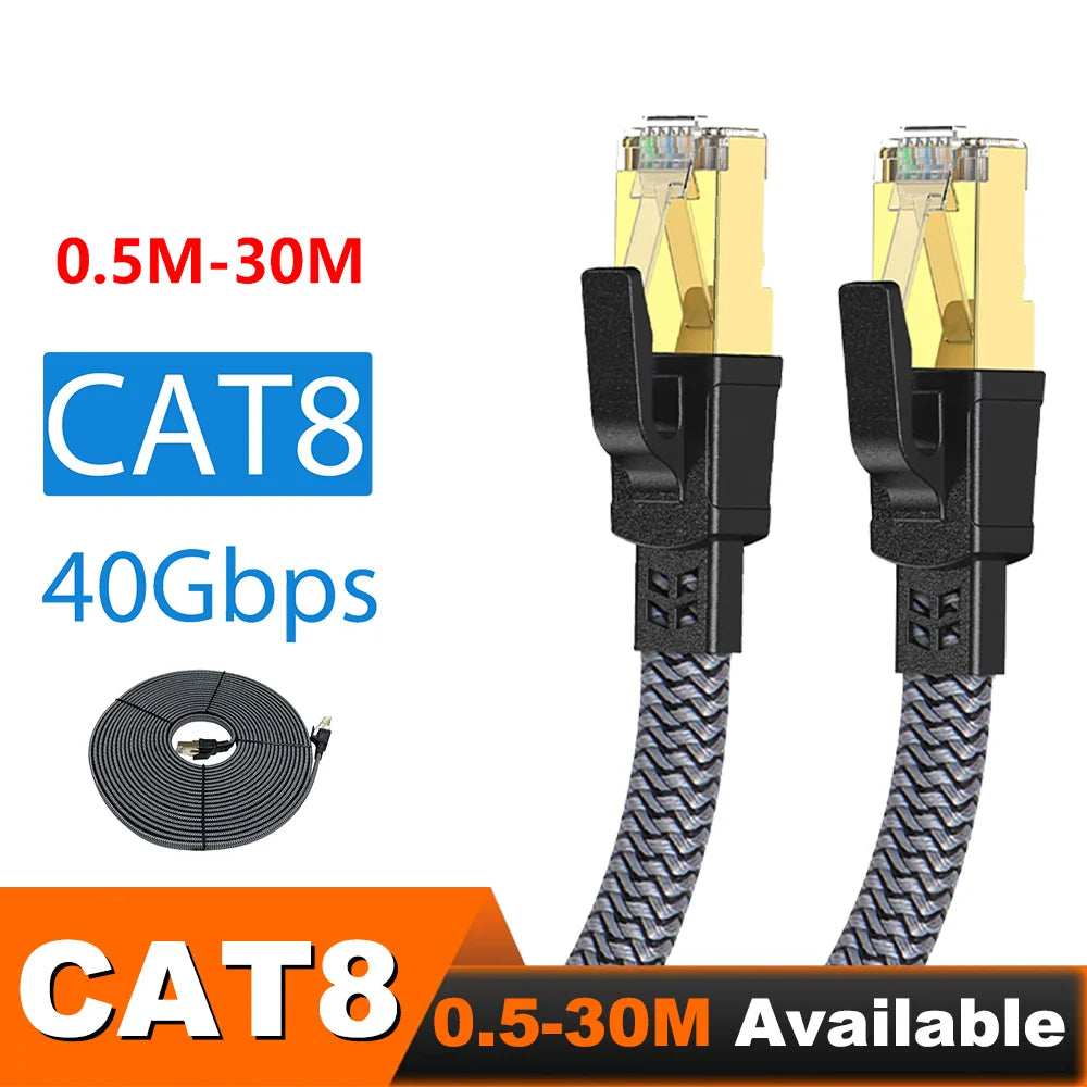 CAT8 Ethernet Cable 40Gbps Flat Nylon Braided Network Cord LAN Wire RJ45 Router Cable For PC Modem Laptop PS5 Cat 8 Cord 5M 10M