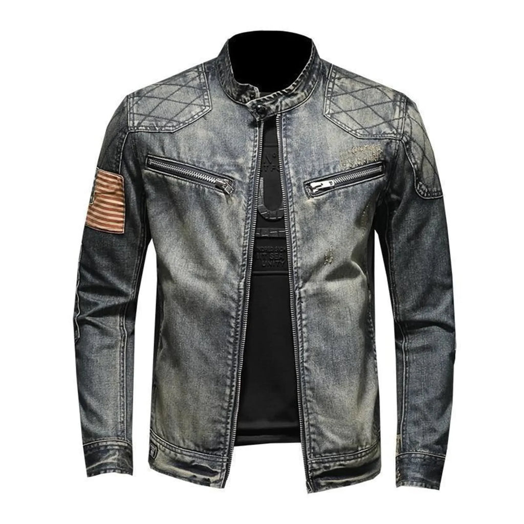 Vintage Denim Jacket With Zip Stand Up Cotton Slim Fit Denim Coat Jeans Long Sleeve Loose Pocket Zipper Top Winter Jacket Men