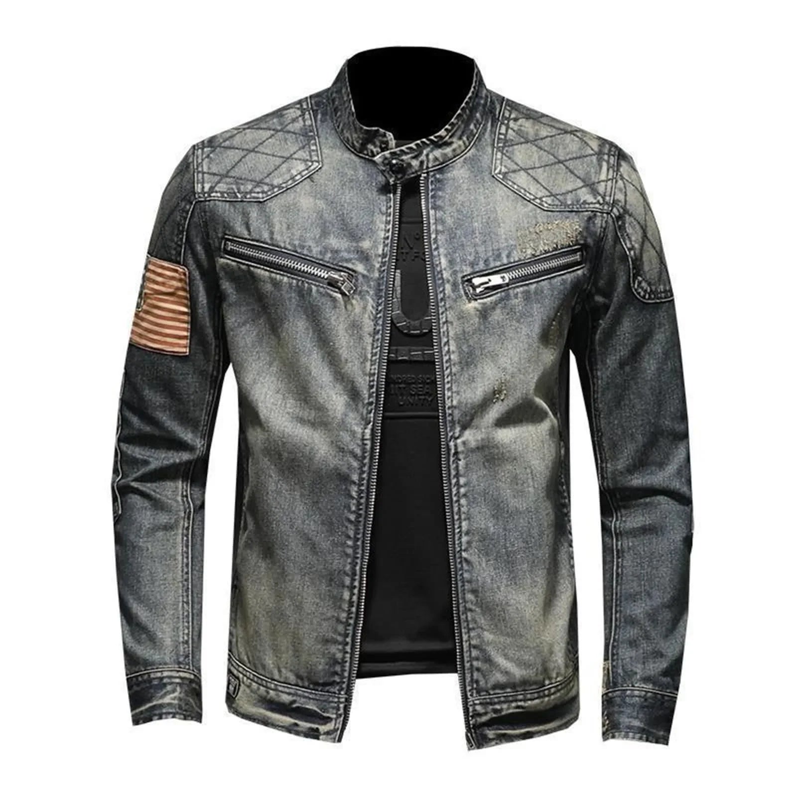 Vintage Denim Jacket With Zip Stand Up Cotton Slim Fit Denim Coat Jeans Long Sleeve Loose Pocket Zipper Top Winter Jacket Men