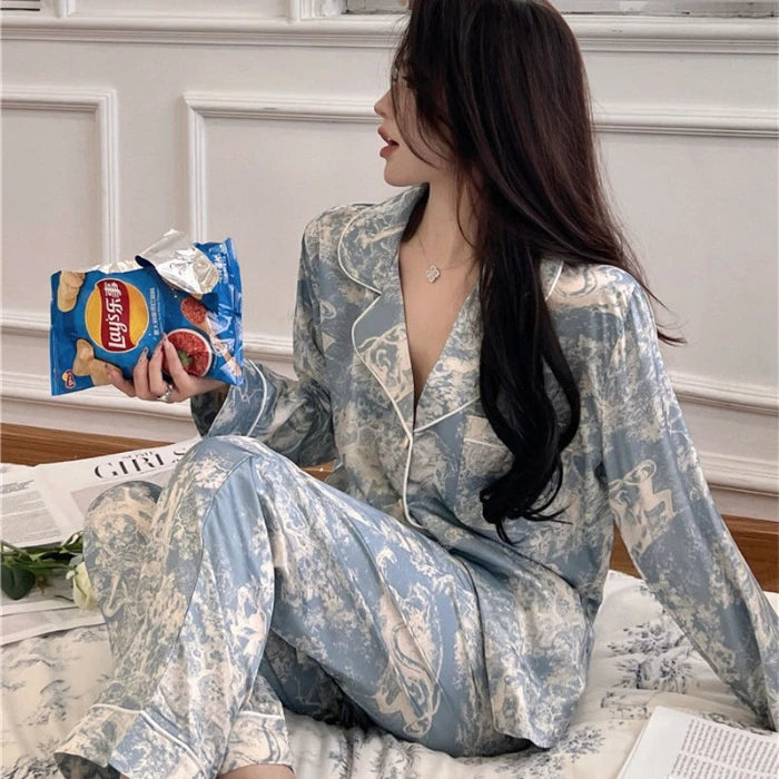2024 Spring New Lapel Button Cardigan Lounge Sets Womens 2 Piece Ice Silk Pajamas for Women Fashion Printing Sleepwear for Wome