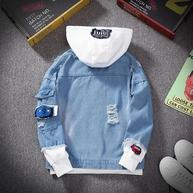 Customizable Men Denim Jacket Streetwear Hip Hop Men's Hooded Jean Jackets Male Casual Loose Outerwear Fashion Slim Fit Coat