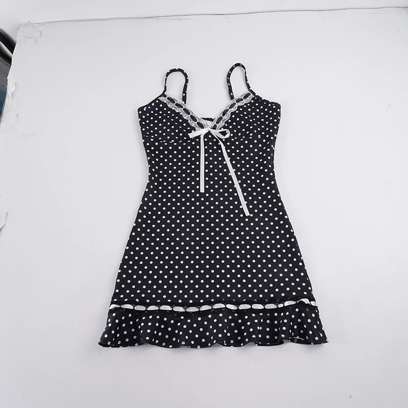 Sexy Lace Splice Polka Dot Strap Dress High Waist A-Line Skirt V-Neck Bodycon Short Dress Casual Summer Fashion for Women