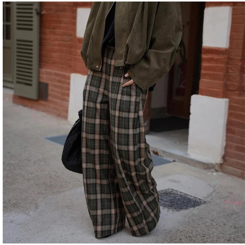 Chic Green Plaid Print Loose Pants Women Casual High Waist Straight Wide Leg Trousers Party Daily Classic Attire 2026 Spring