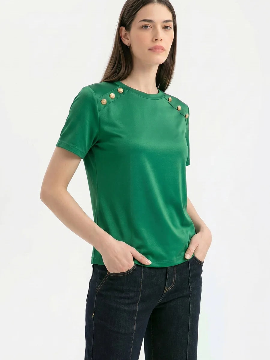 Fashionable Short Sleeve T-Shirt Women's Slim Fit Solid Color Summer 2026 Casual round Neck Polyester Blend Top