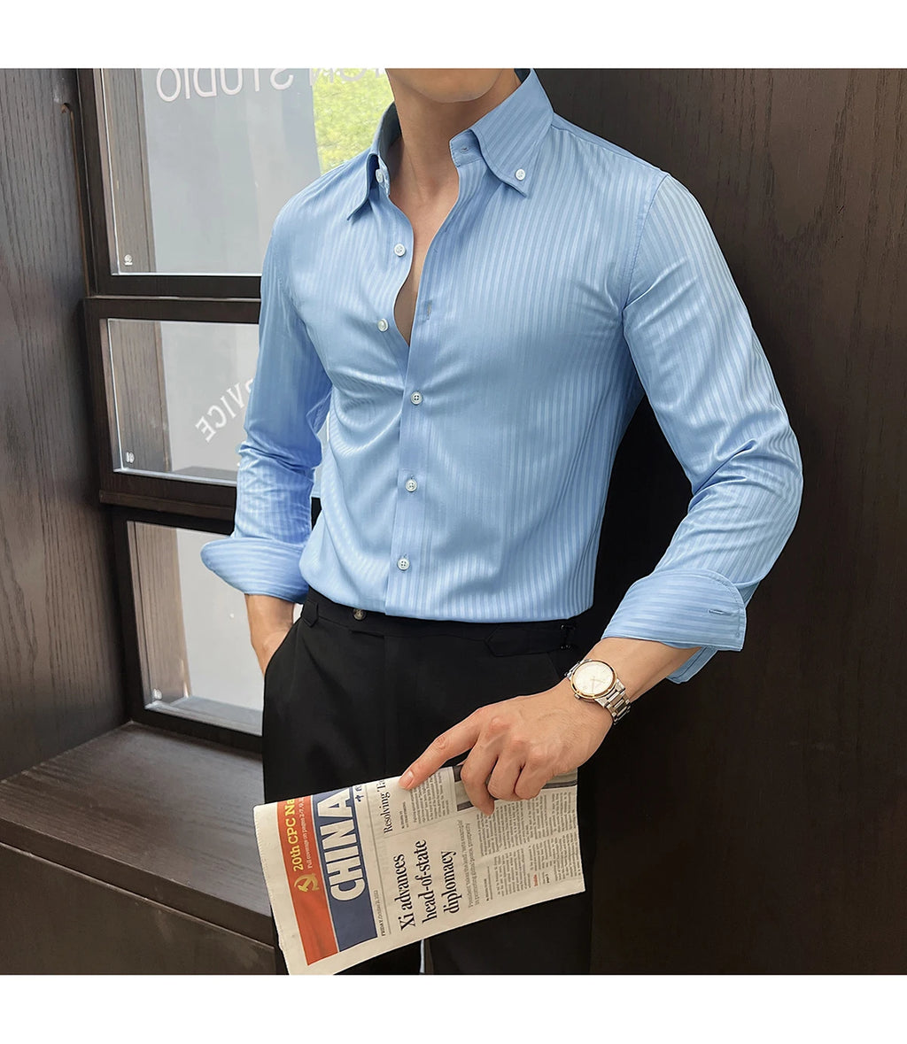 High-quality autumn men's new long-sleeve dark striped slim-fit shirt business casual formal workwear M-4XL