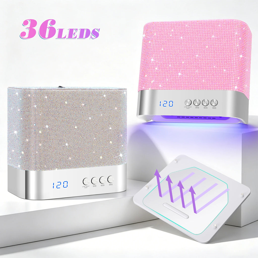 Rhinestone UV LED Nail Lamp 36 LEDs, Auto Sensor, Low Heat Mode, 4 Timer Options, Mirror Base Nail Dryer