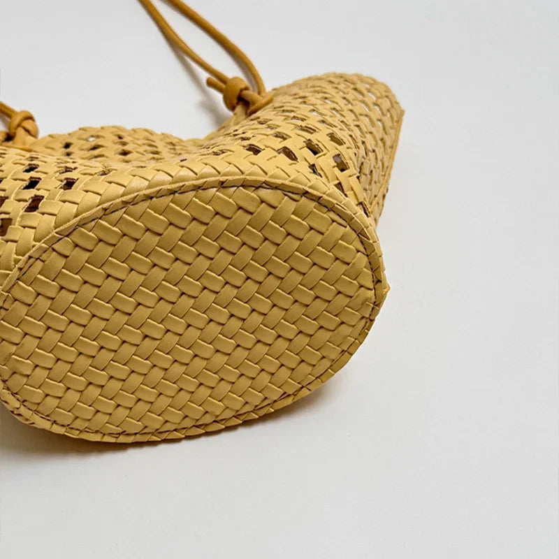 Hand-woven Openwork handBag With Zipper Inner Pocket,summer Pu Leather Beach Bucket Bags,large Capacity Simple Shopping handBag