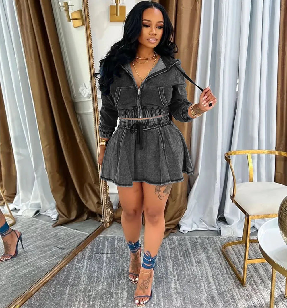 Women's Casual Skirt Set Autumn and Winter New Women's Washed Denim Jacket Short Skirt 2-piece Set