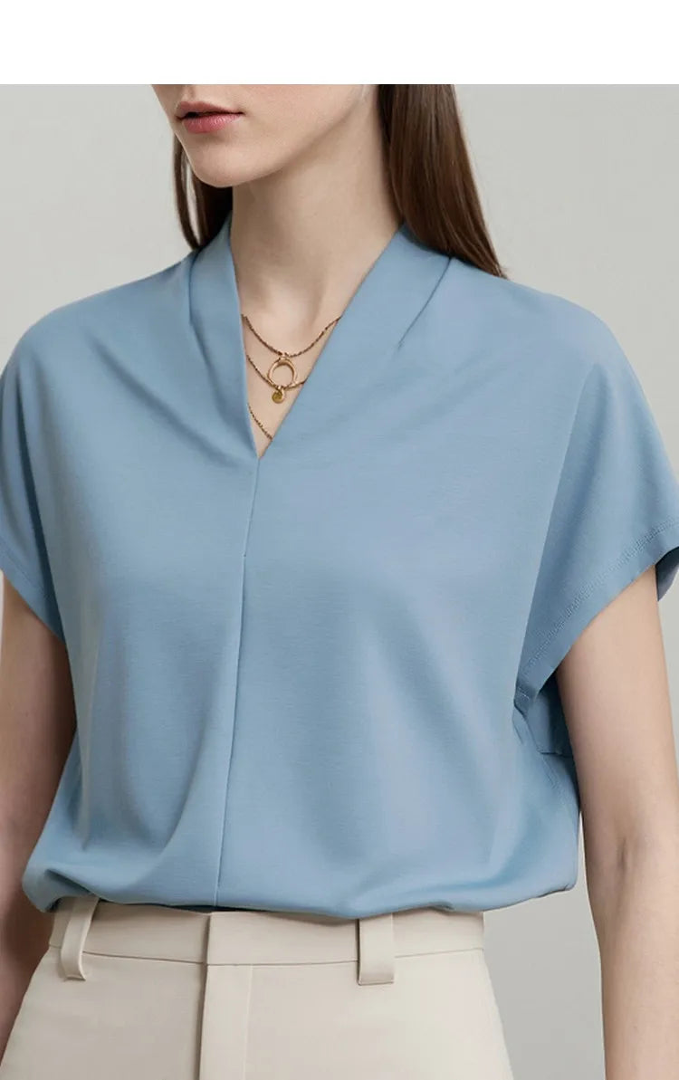 AMII Minimalism 2026 Summer Women's T-shirt Classic Style Casual V-neck Short Sleeve Solid Stretch Female Tops & Tees 12312013