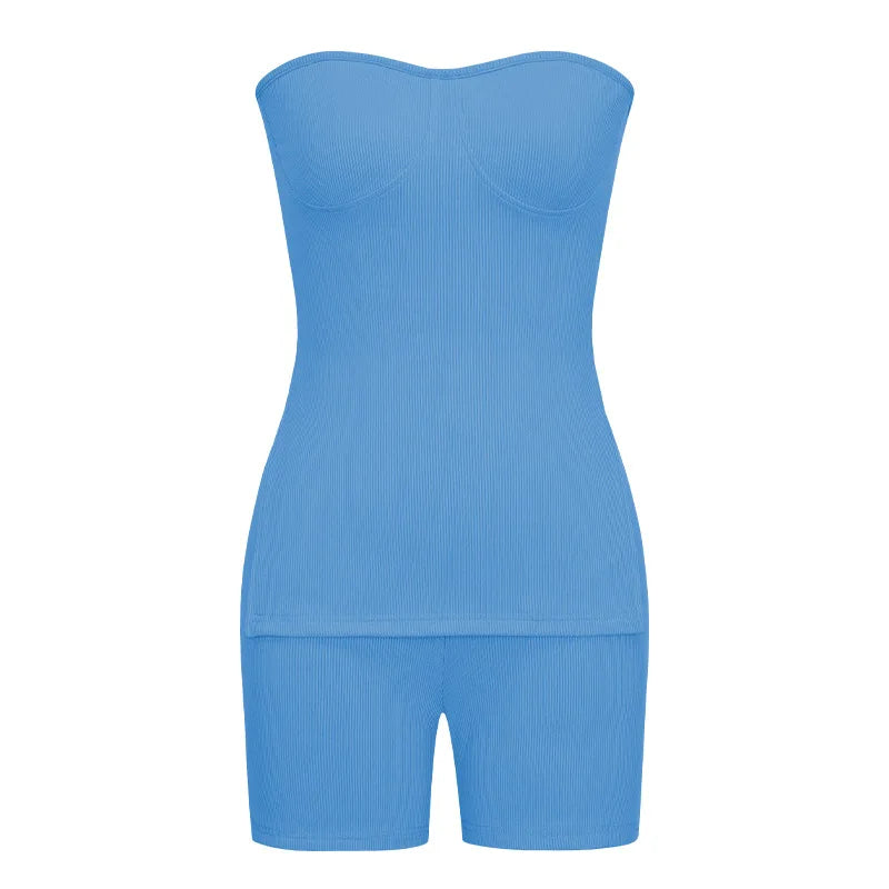 Sexy Solid Slim Suit For Women Fashion Strapless Side Split Top Elastic Waist Package Hip Shorts Two Piece Set 2026 Summer New