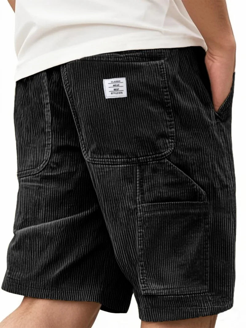 Men's Workwear Shorts Summer Casual Corduroy Loose Elastic Waist Multi-Pocket Leisure Pants Embroidery Retro Style Male Trousers