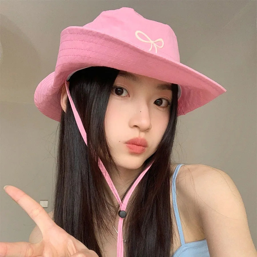 Korean Pink Bow Quick Dry Fisherman Hat Windproof Rope Women Outdoor Camping Mountaineering Hats Girl Summer Sunscreen Bowl Cap
