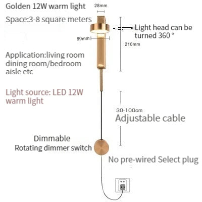Nordic Modern LED wall lamp Gold Black Rotation Dimming Switch Wall Light With plug Fixture Bathroom Bedroom 360° Rotate Sconces
