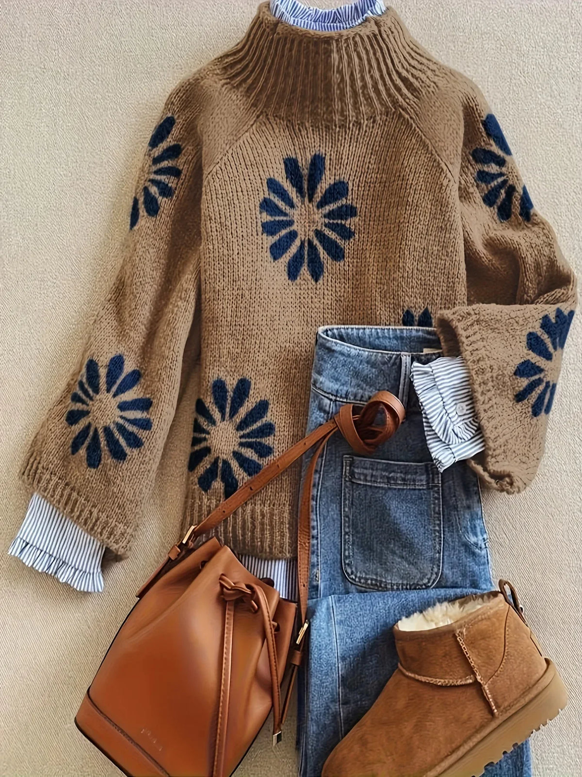 Winter Women's Knit Sweater Ribbed Floral Design Long Sleeve Pullover Fall New Arrival Knitwear Casual streetwear