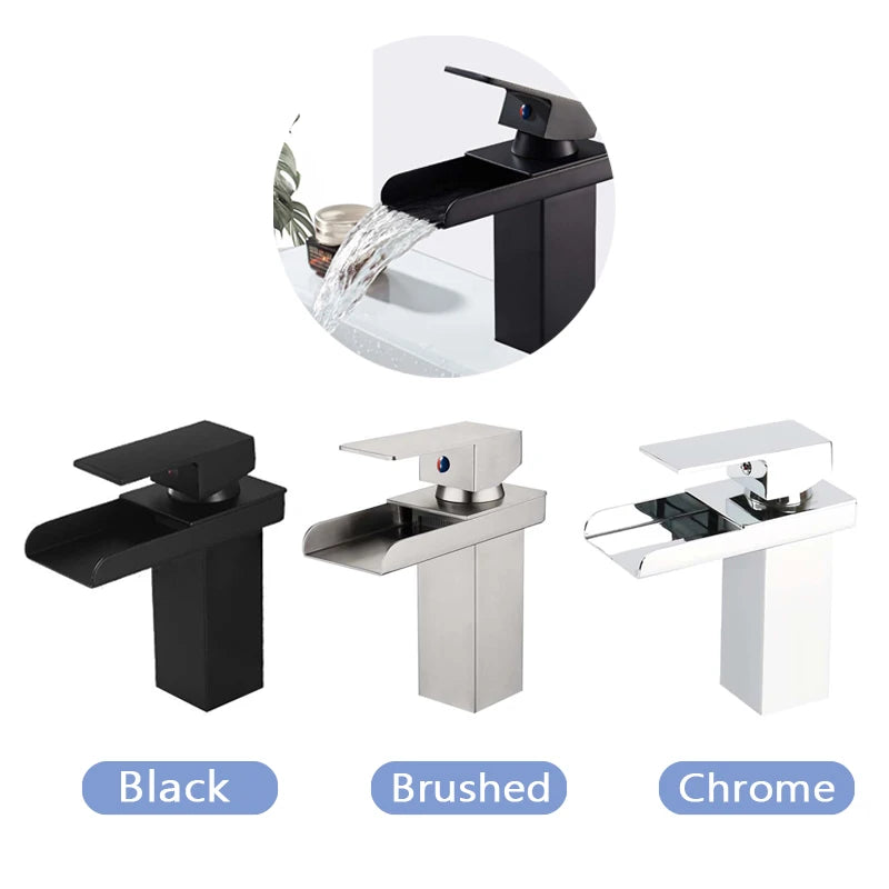 Basin Faucet Brushed Chrome Waterfall Faucet Stainless Steel Bathroom Black Washbasin Faucet Hot and Cold Mixer Tap Table Faucet