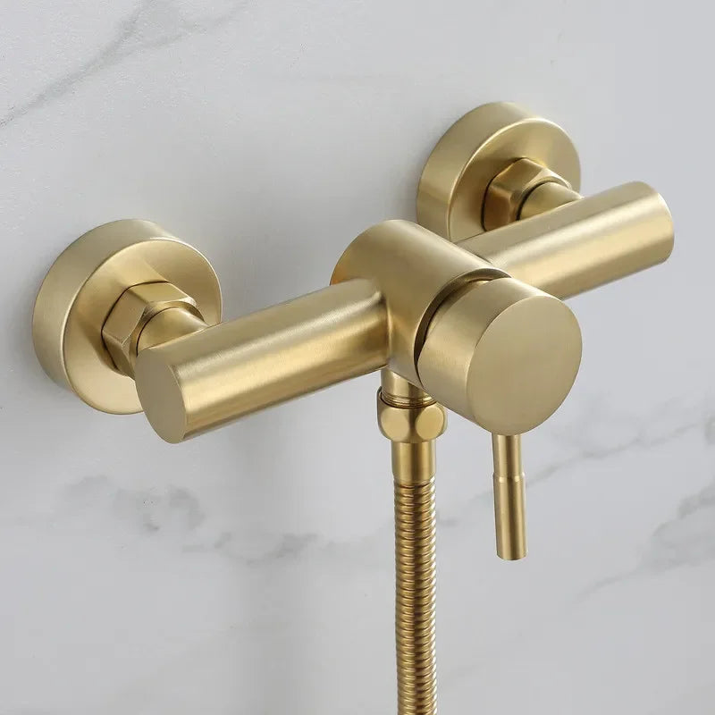 Brushed Gold Bathroom Shower Faucet Set Wall Mounted  ,  Cold and Hot Bath and  Mixer Taps Brass