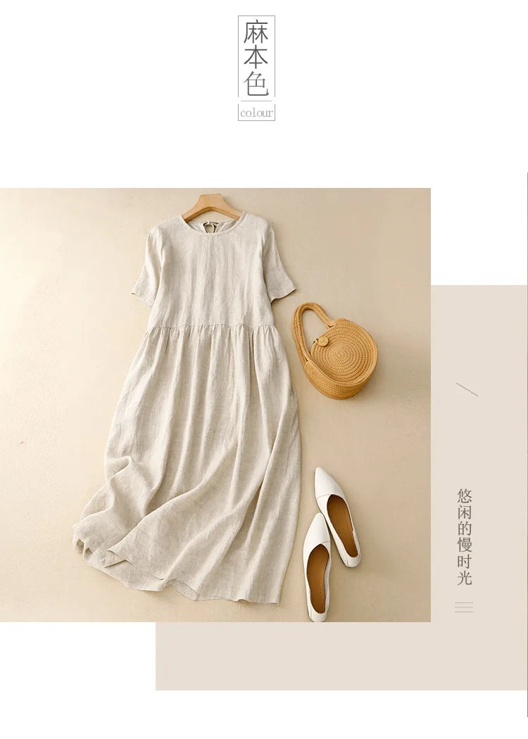 Summer Cotton Linen Blended Thin And Breathable Dress Women Literary Big Swing Short Sleeve Solid Loose Casual Female Dresses