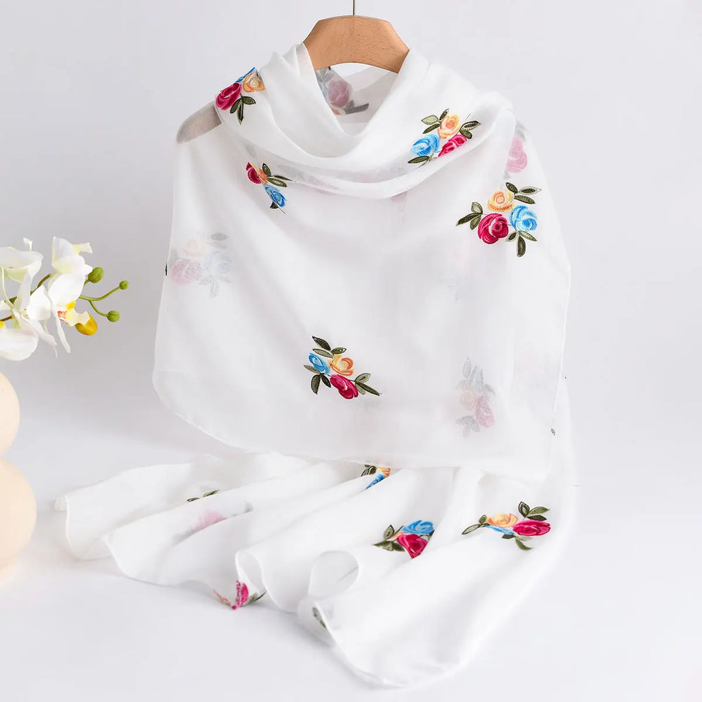 Spring and Summer Lightweight Breathable Cotton and Linen Embroidery Scarf Ethnic Style Fashionable Soft Women's Sunscreen Scarf