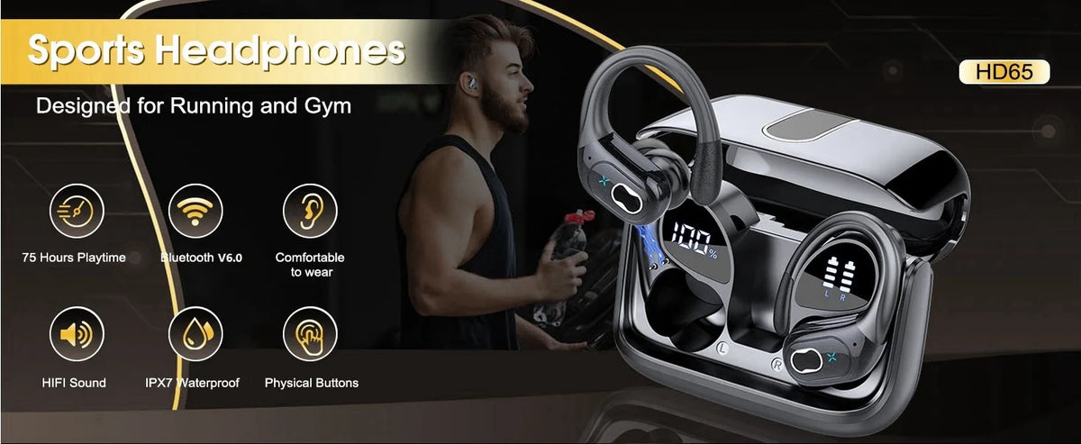 Bluetooth 6.0 Headphones HD65 Wireless Earbuds 75hrs Sport Bluetooth Earphone with Noise Cancelling Mic IPX7 Waterproof Headsets