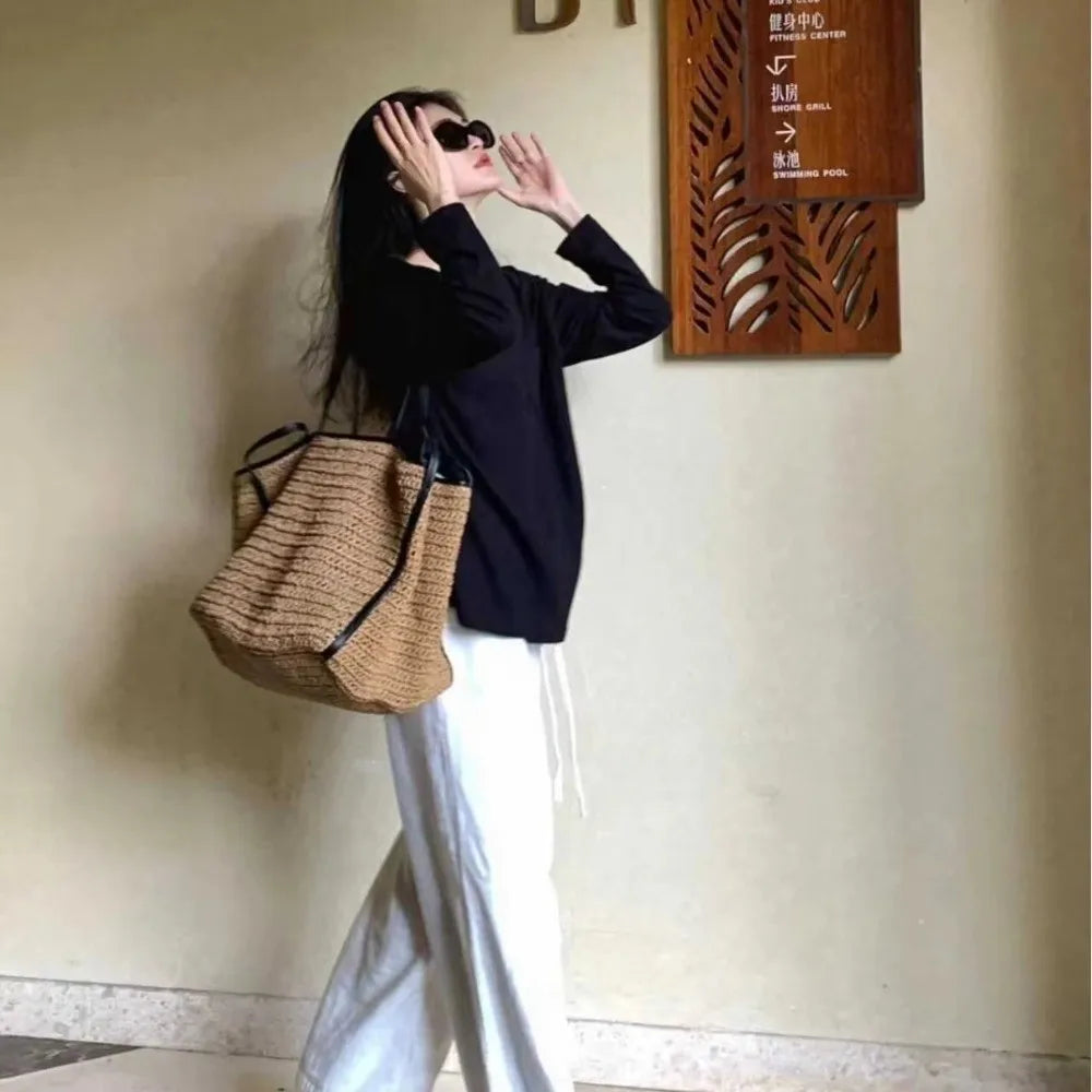 Fashion Vintage Straw Baskets Bag Straw Handmade Woven Beach Bag Korean Style Large Capacity Tote Bag Women Accessory