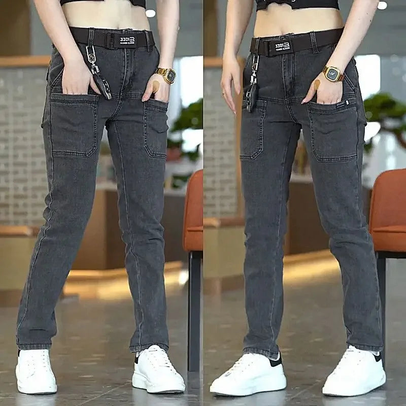 Korea Fashion Men Jeans Cargo Denim Pants Casual Blue Gray Pocket Denim Pants Straight Jean Womens Streetwear