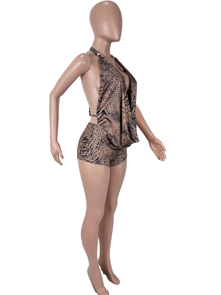 Beyprern Leopard Tiger Print Sexy Halter Two Piece Set Women Summer Backless Deep V Neck Drape Top And Shorts Matching Sets