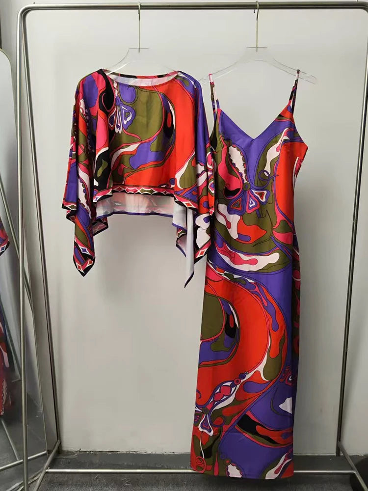 2026 Summer Women's Clothing Retro Geometric Print Loose Short Pullover Two-piece Set + Long Sexy Suspender Dress Fashion Suit