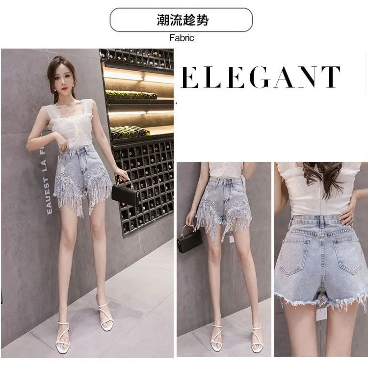 2026 Summer New Personalized Denim Shorts Women's High Waist Diamond Inlaid Heavy Industry sequins Tassel Denim Hot Pants Trendy