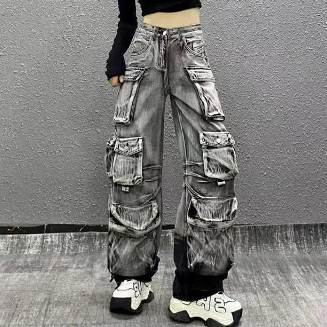 Jeans Women Denim Distressed Multi Pocket Y2k Streetwear Cargo Pants Casual High Waist Zipper Fly Winter Gradient Mom Jeans