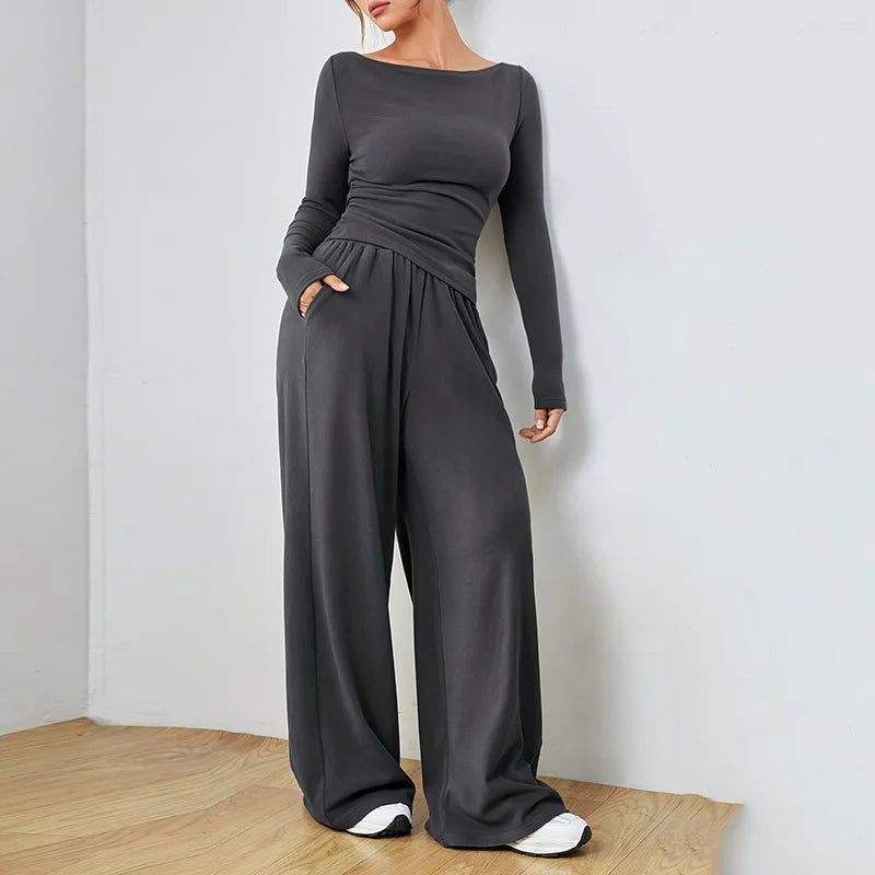 Trendy Slim Solid Color Trousers Suit For Women Simple Slim Irregular T-shirt Wide-leg Trousers Two-piece Casual Spring Suit