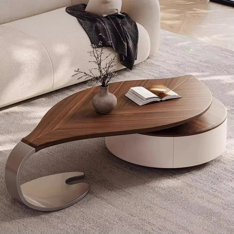 French antique leaf-shaped solid wood coffee table with walnut veneer for living room furniture