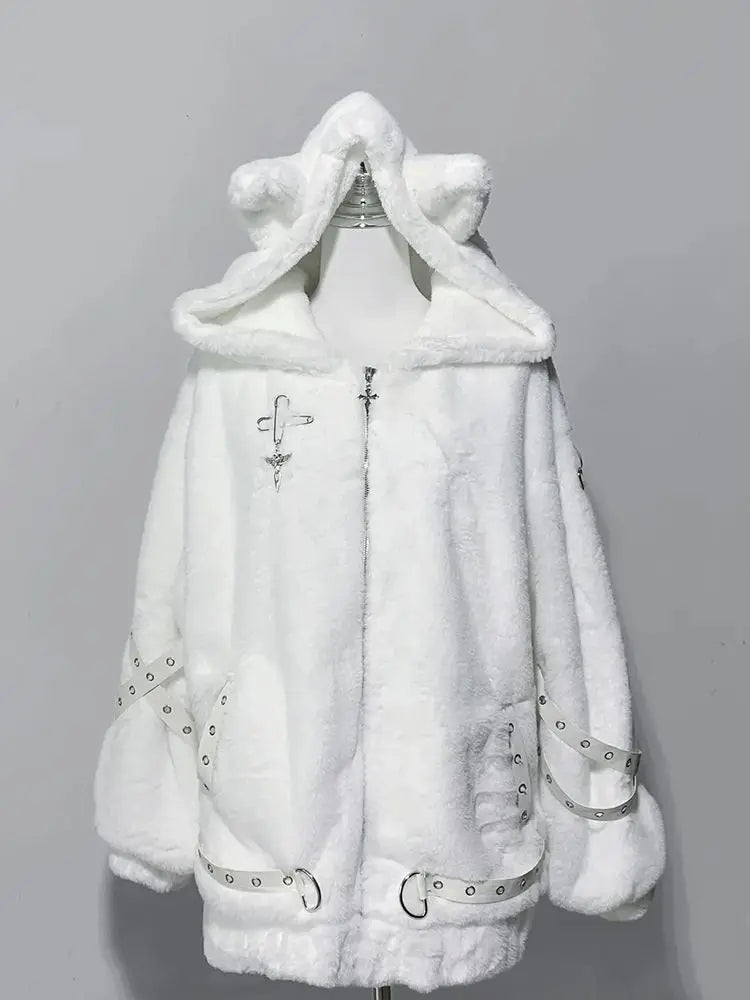 Subculture Harajuku Vintage Safari Coats with Hooded Women Zipper Sweatshirts Casual Streetwear Grunge Jacket Y2k Stand Neck